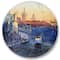 Designart - Blue Tram At Sunset With Church During Sunset - Nautical & Coastal Metal Circle Wall Art